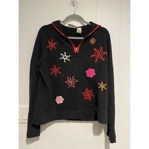 Liz Claiborne XL 1/4 Zip  Christmas Sweater Hooded Snowflakes Granny Core